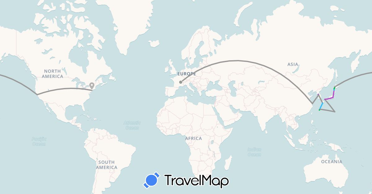 TravelMap itinerary: driving, bus, plane, train, boat in China, France, Japan, South Korea, United States (Asia, Europe, North America)
